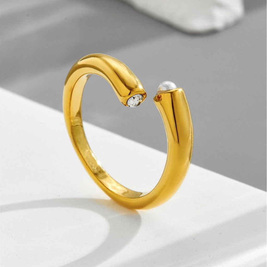 18K Gold Plated Titanium Steel Open Ring with Natural Pearl & Zircon - Waterproof & Tarnish Free Adjustable Minimalist Jewelry