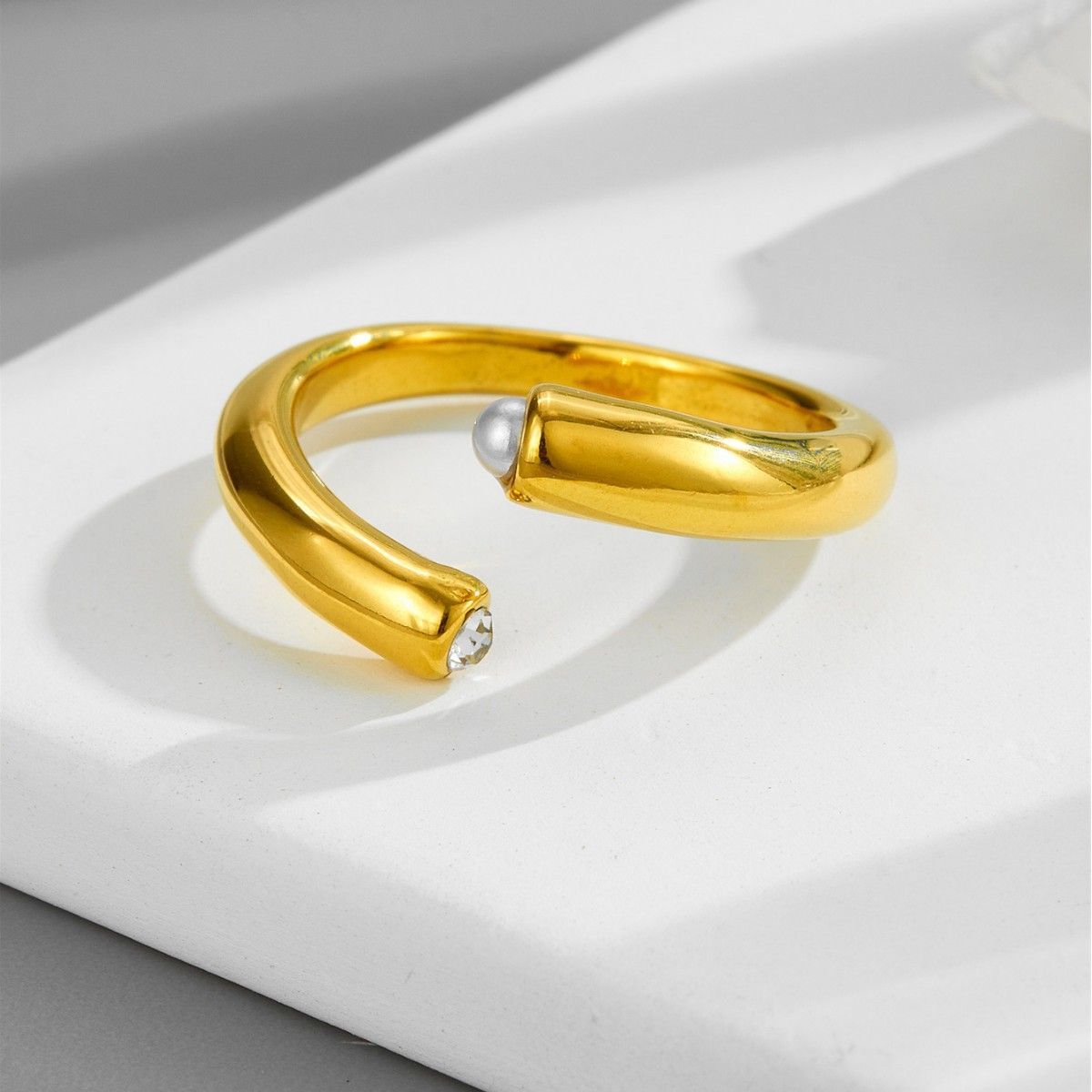 18K Gold Plated Titanium Steel Open Ring with Natural Pearl & Zircon - Waterproof & Tarnish Free Adjustable Minimalist Jewelry