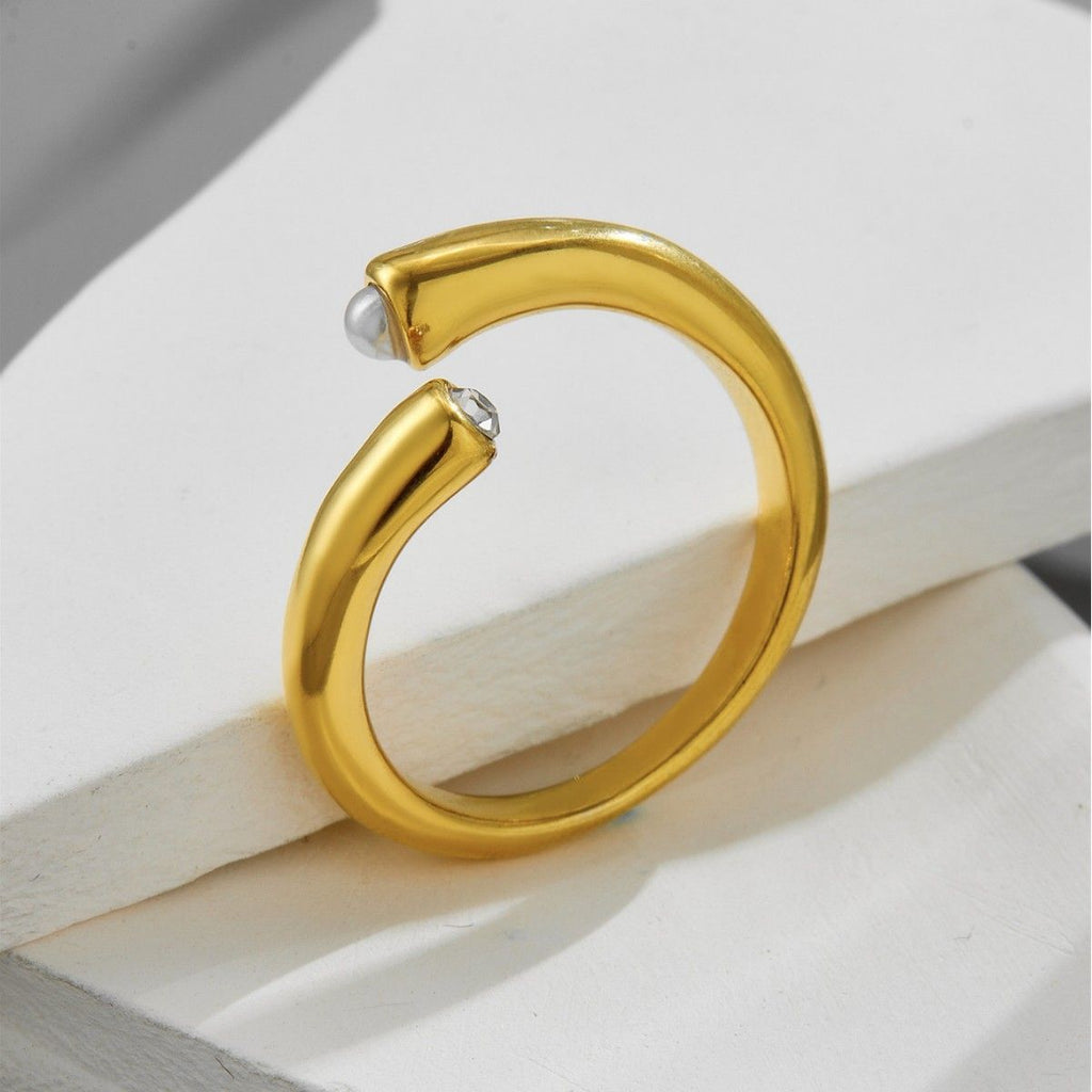18K Gold Plated Titanium Steel Open Ring with Natural Pearl & Zircon - Waterproof & Tarnish Free Adjustable Minimalist Jewelry