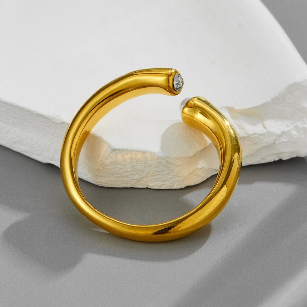 18K Gold Plated Titanium Steel Open Ring with Natural Pearl & Zircon - Waterproof & Tarnish Free Adjustable Minimalist Jewelry