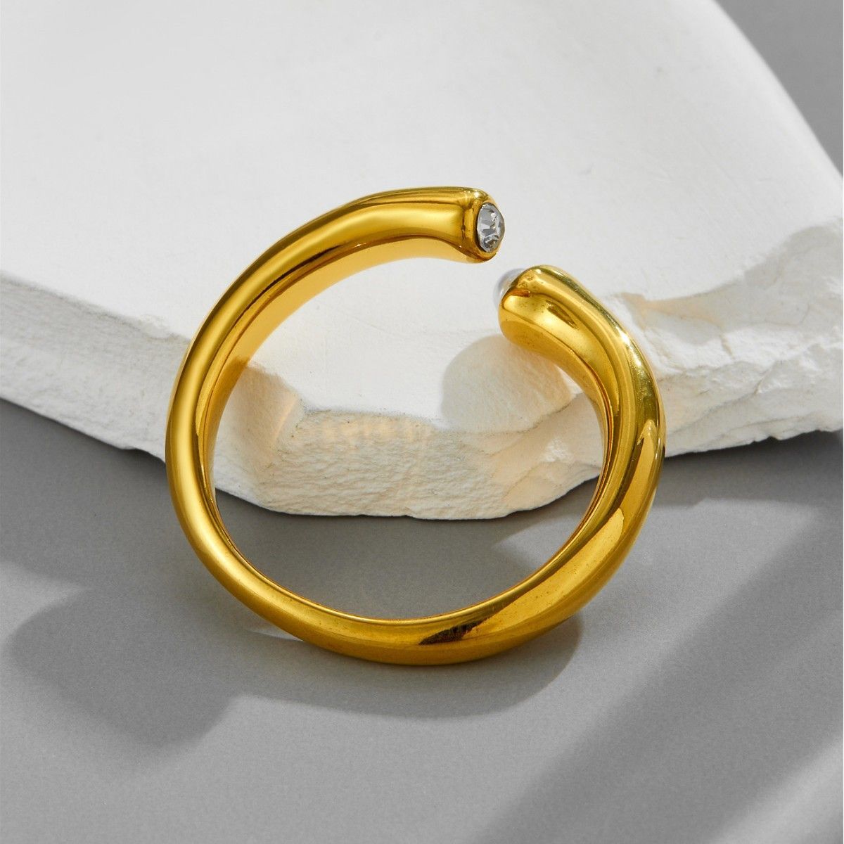 18K Gold Plated Titanium Steel Open Ring with Natural Pearl & Zircon - Waterproof & Tarnish Free Adjustable Minimalist Jewelry