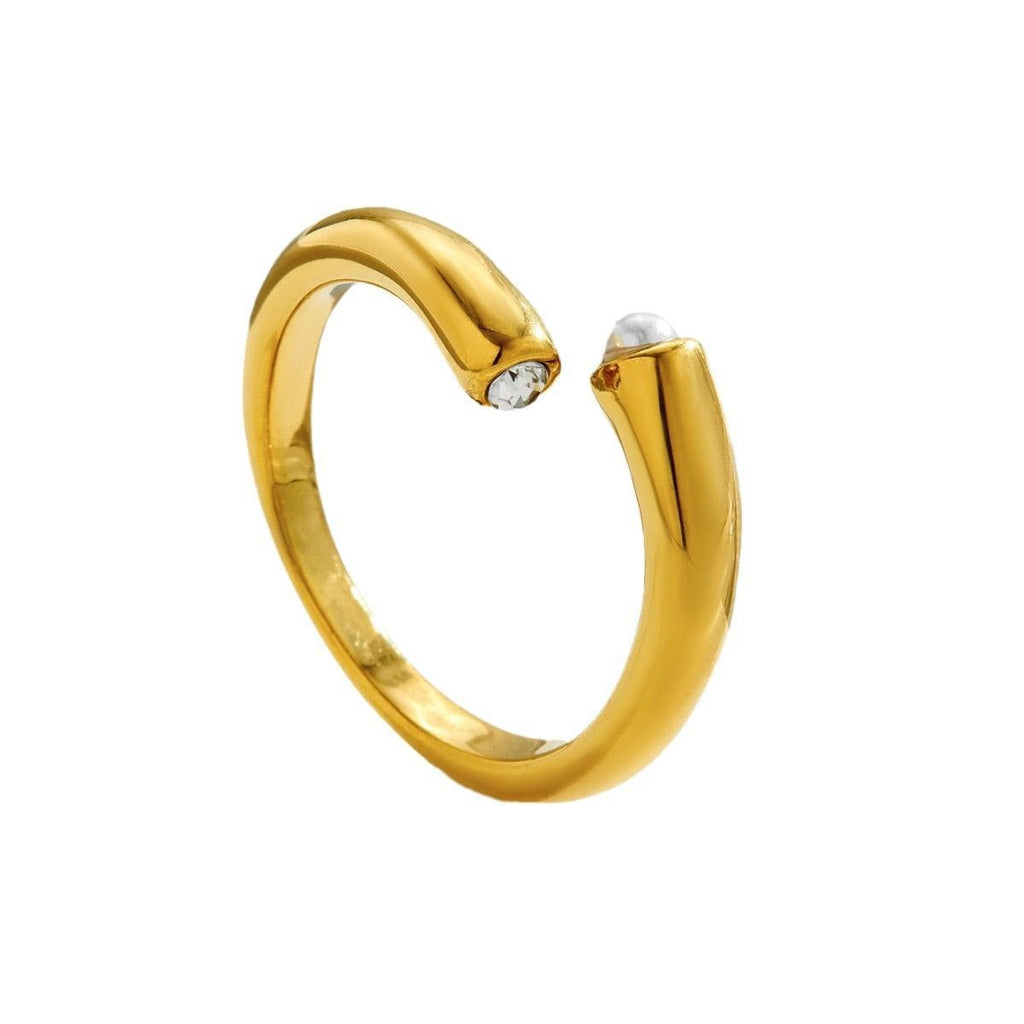 18K Gold Plated Titanium Steel Open Ring with Natural Pearl & Zircon - Waterproof & Tarnish Free Adjustable Minimalist Jewelry