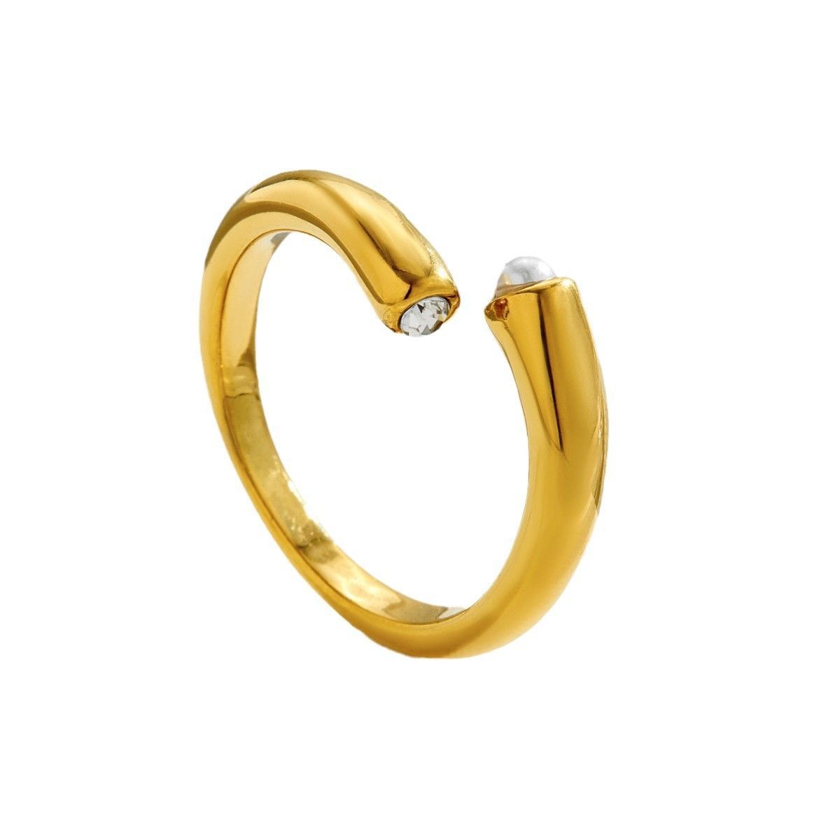 18K Gold Plated Titanium Steel Open Ring with Natural Pearl & Zircon - Waterproof & Tarnish Free Adjustable Minimalist Jewelry