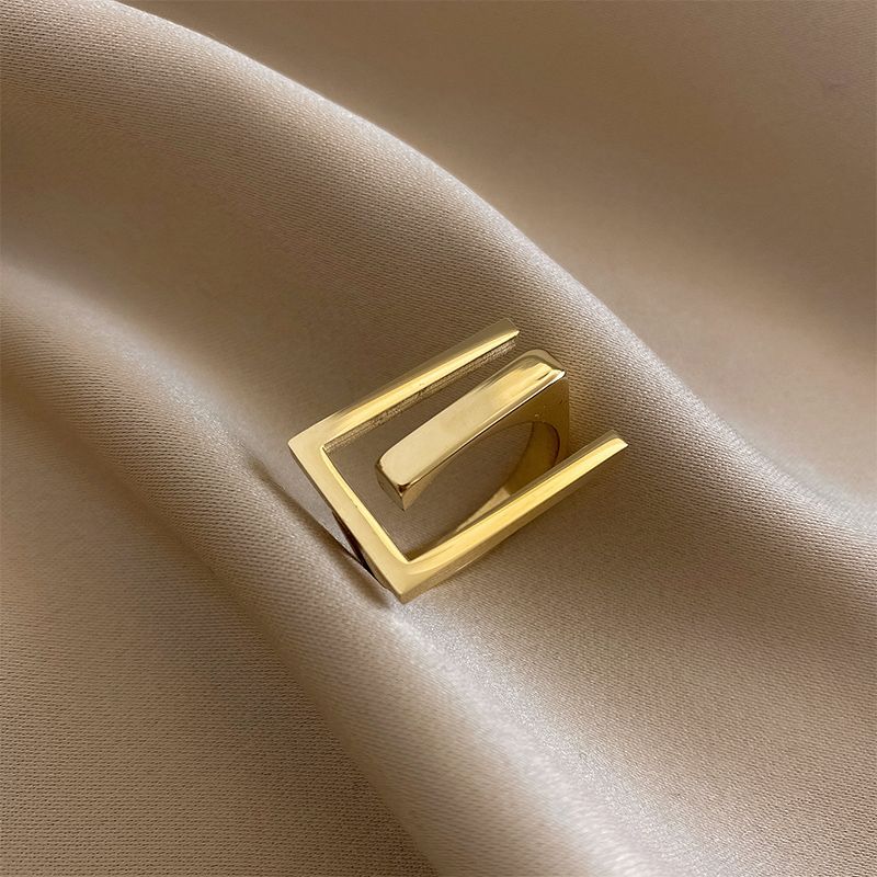 French Luxury 18K Gold Plated Stainless Steel Geometric Square Ring — Minimalist Open Band Ring for Women, Tarnish-Free Chic Statement Jewelry