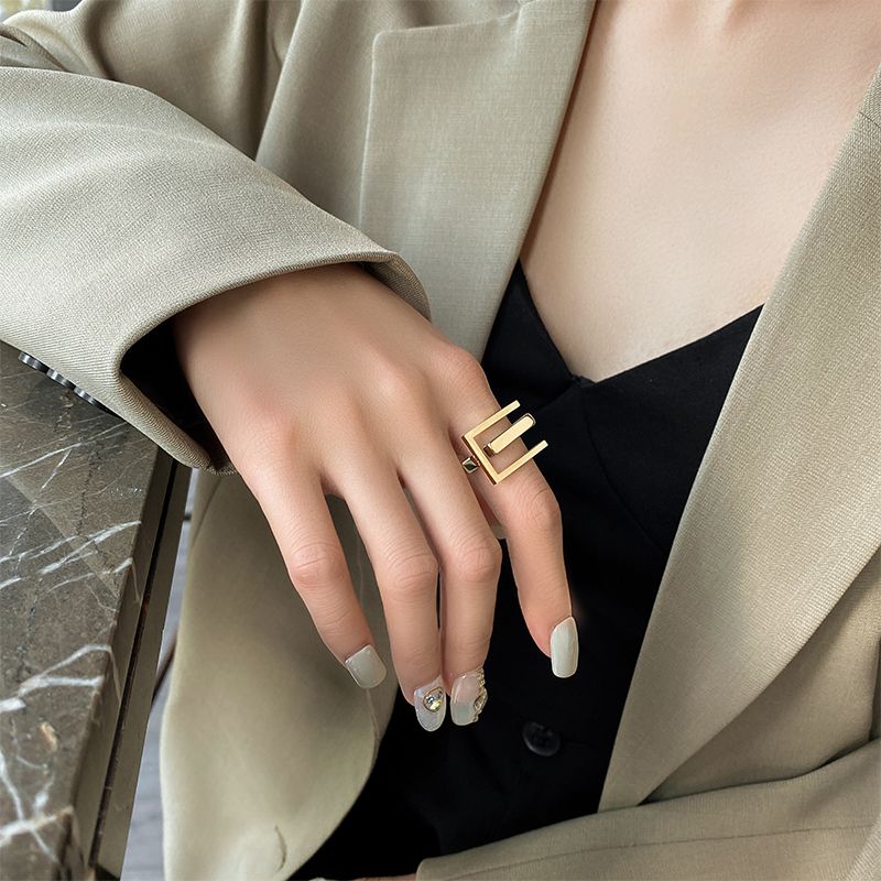 French Luxury 18K Gold Plated Stainless Steel Geometric Square Ring — Minimalist Open Band Ring for Women, Tarnish-Free Chic Statement Jewelry
