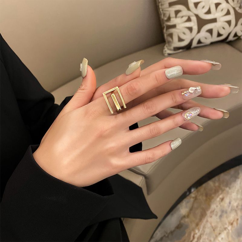 French Luxury 18K Gold Plated Stainless Steel Geometric Square Ring — Minimalist Open Band Ring for Women, Tarnish-Free Chic Statement Jewelry
