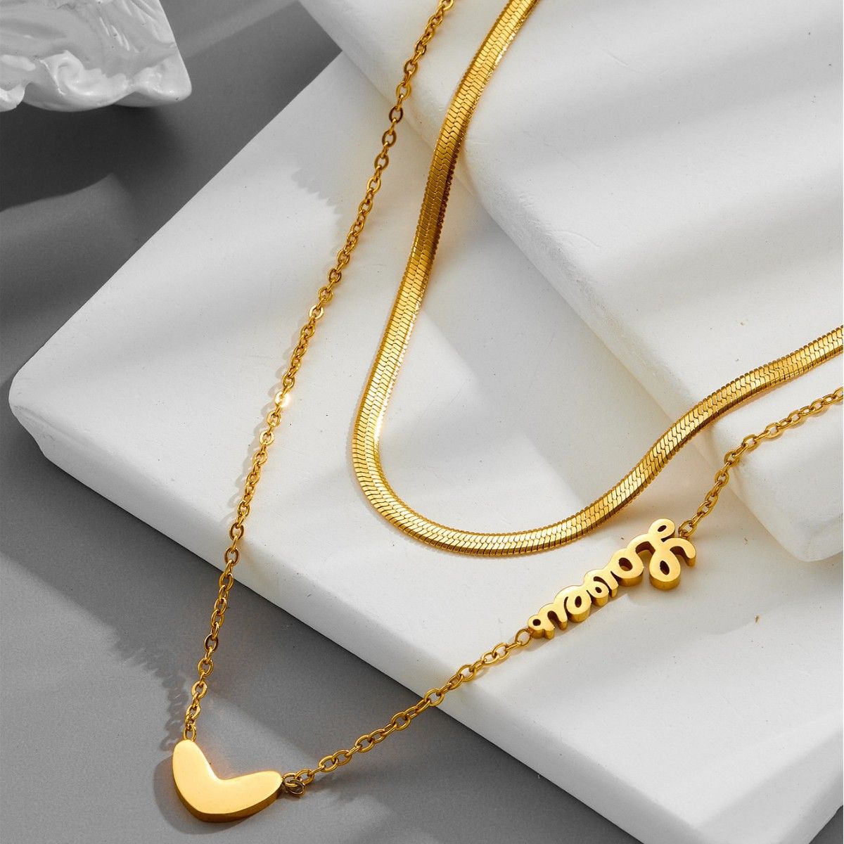 18K Gold Plated Titanium Steel Heart & Snake Chain Necklace Set