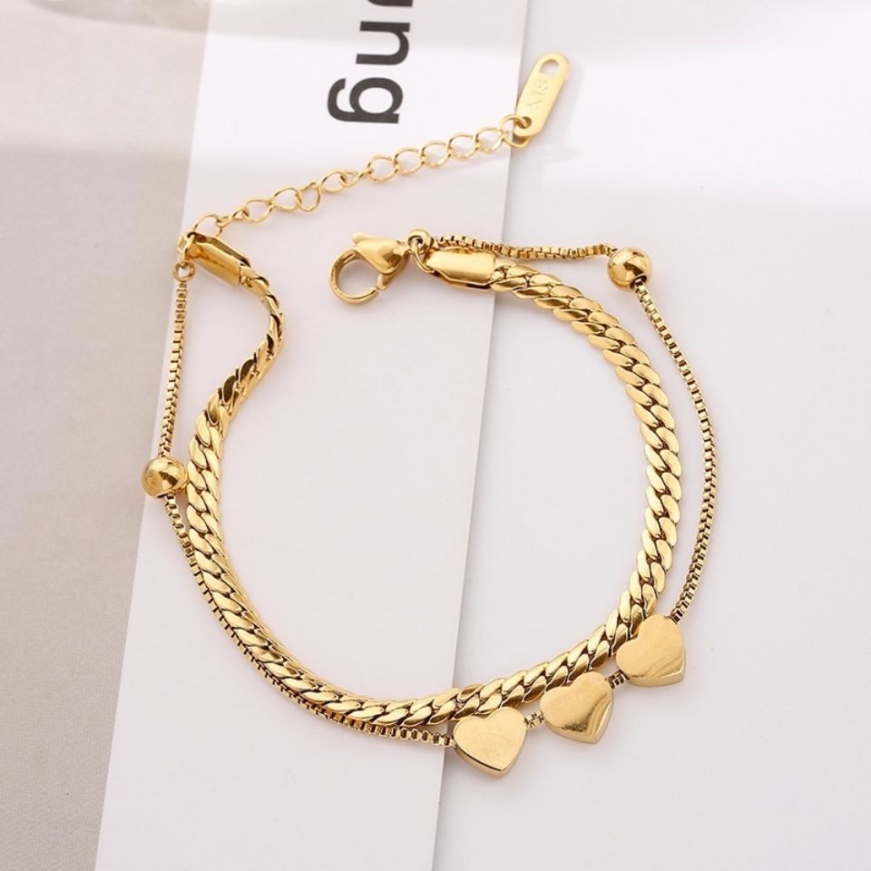 Waterproof 18K Gold Double Layered Heart Bracelet - Tarnish-Free Titanium Steel Triple Heart Jewelry