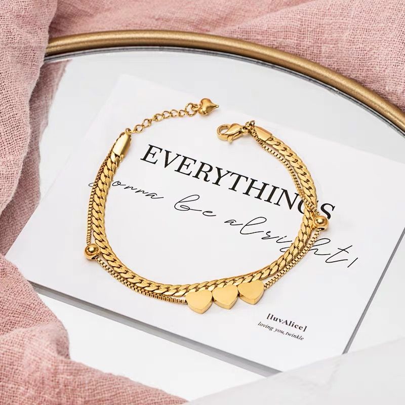 Waterproof 18K Gold Double Layered Heart Bracelet - Tarnish-Free Titanium Steel Triple Heart Jewelry