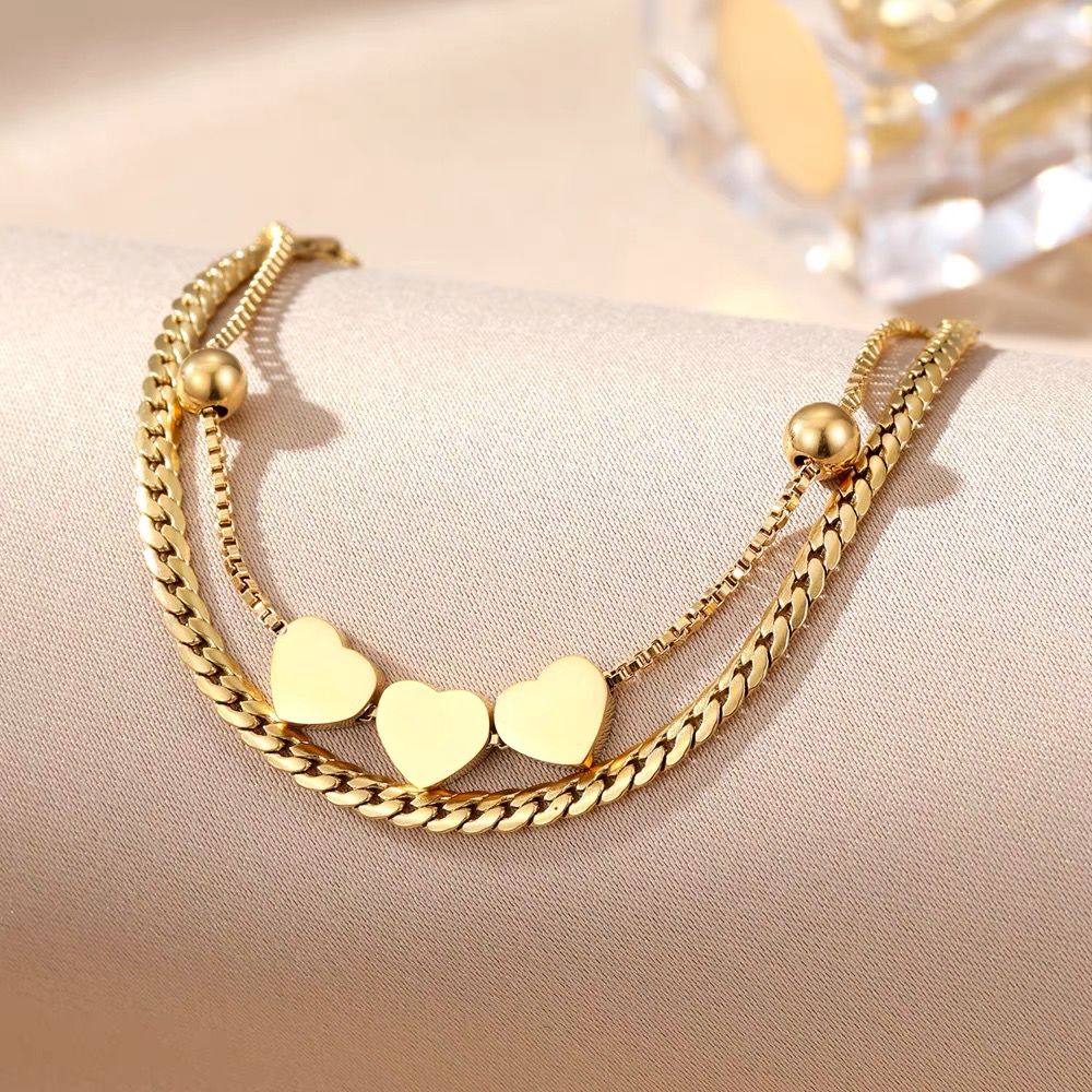 Waterproof 18K Gold Double Layered Heart Bracelet - Tarnish-Free Titanium Steel Triple Heart Jewelry