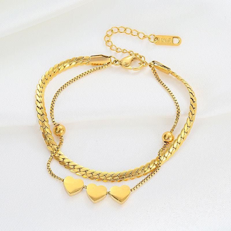 Waterproof 18K Gold Double Layered Heart Bracelet - Tarnish-Free Titanium Steel Triple Heart Jewelry