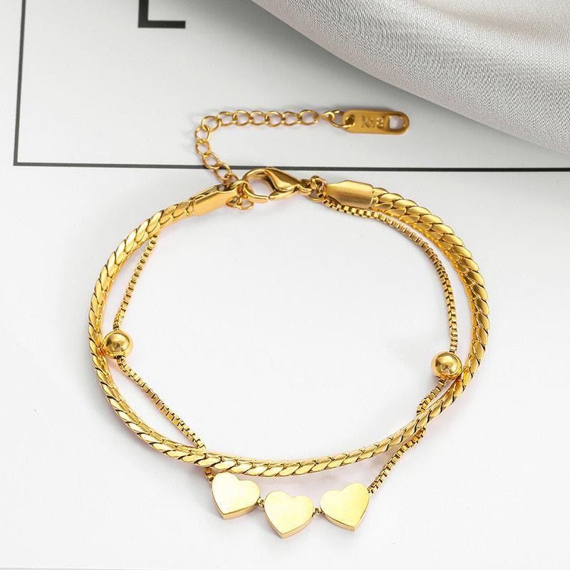 Waterproof 18K Gold Double Layered Heart Bracelet - Tarnish-Free Titanium Steel Triple Heart Jewelry