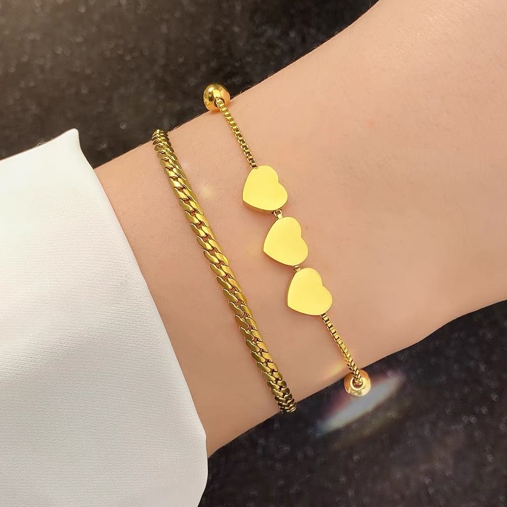 Waterproof 18K Gold Double Layered Heart Bracelet - Tarnish-Free Titanium Steel Triple Heart Jewelry