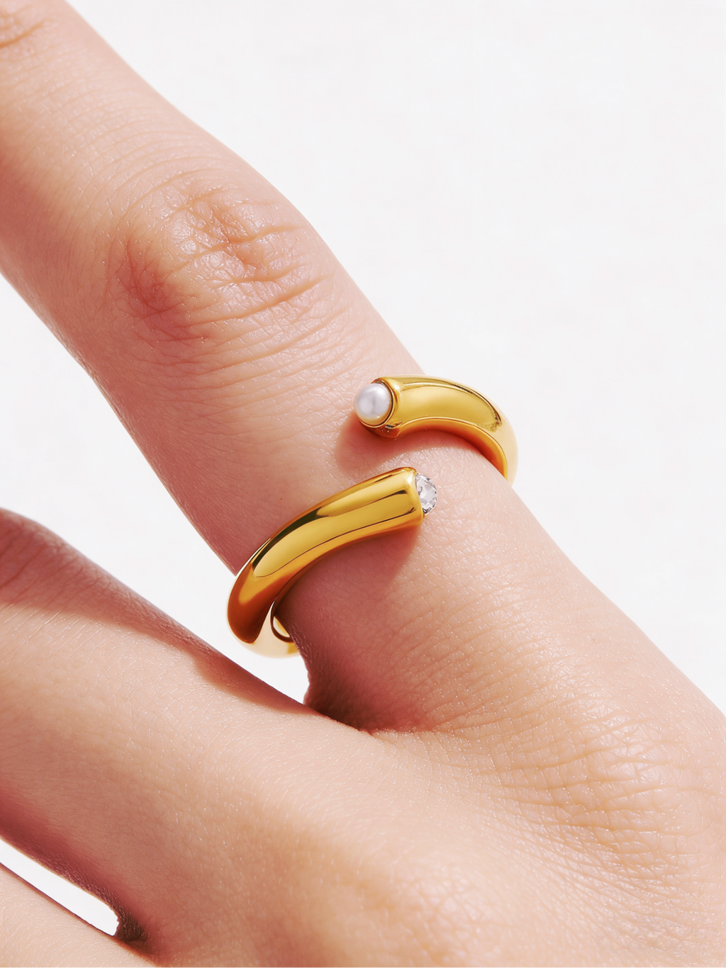 18K Gold Plated Titanium Steel Open Ring with Natural Pearl & Zircon - Waterproof & Tarnish Free Adjustable Minimalist Jewelry