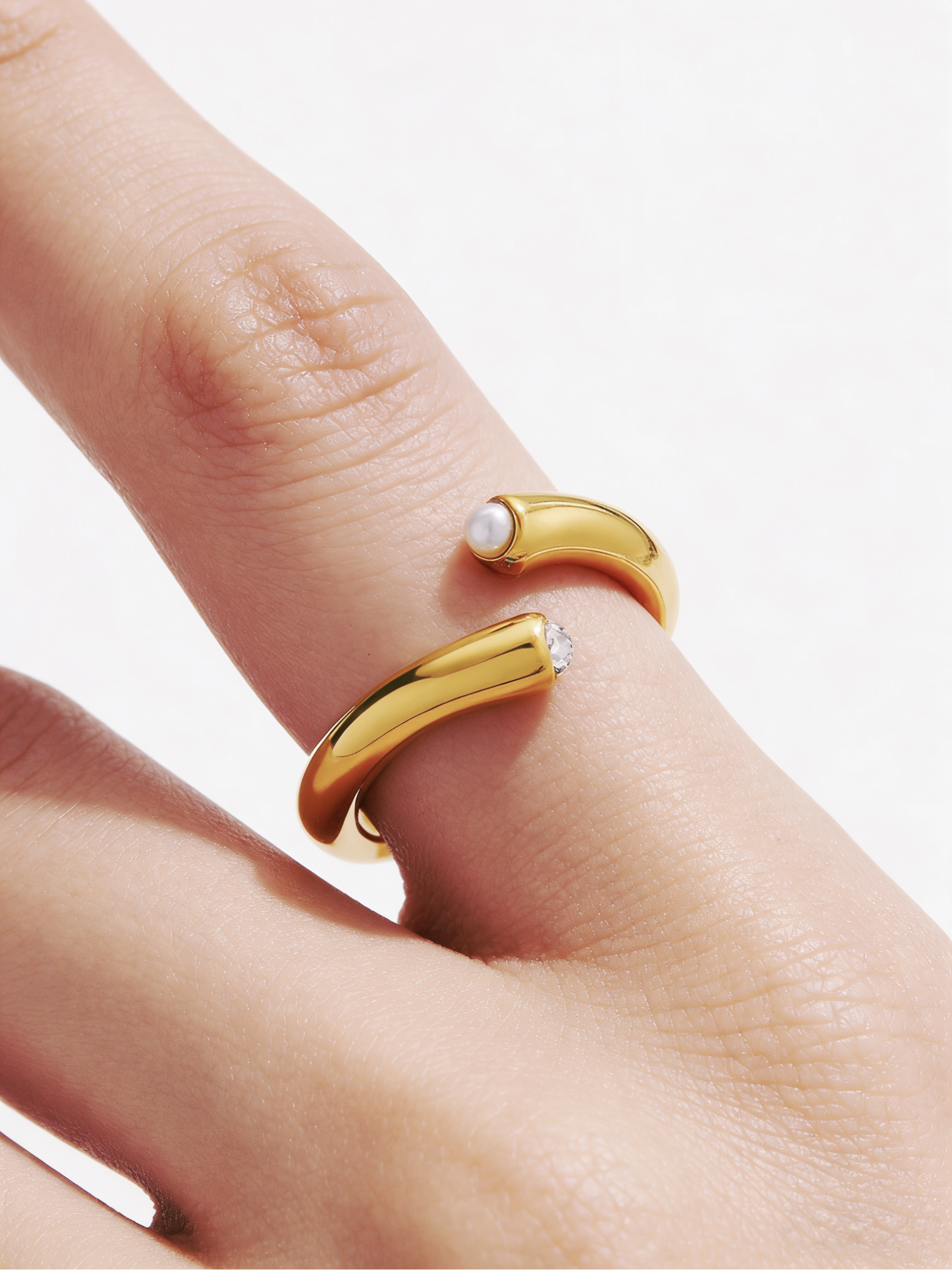18K Gold Plated Titanium Steel Open Ring with Natural Pearl & Zircon - Waterproof & Tarnish Free Adjustable Minimalist Jewelry