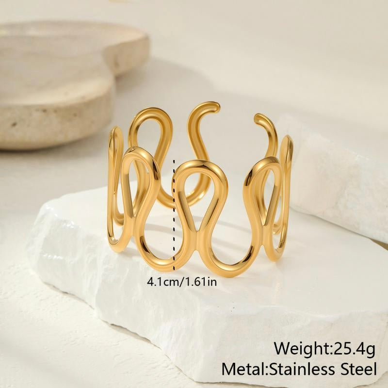 Waterproof 18K Gold Plated Fluid Sculptural Cuff - Tarnish-Free Bangle