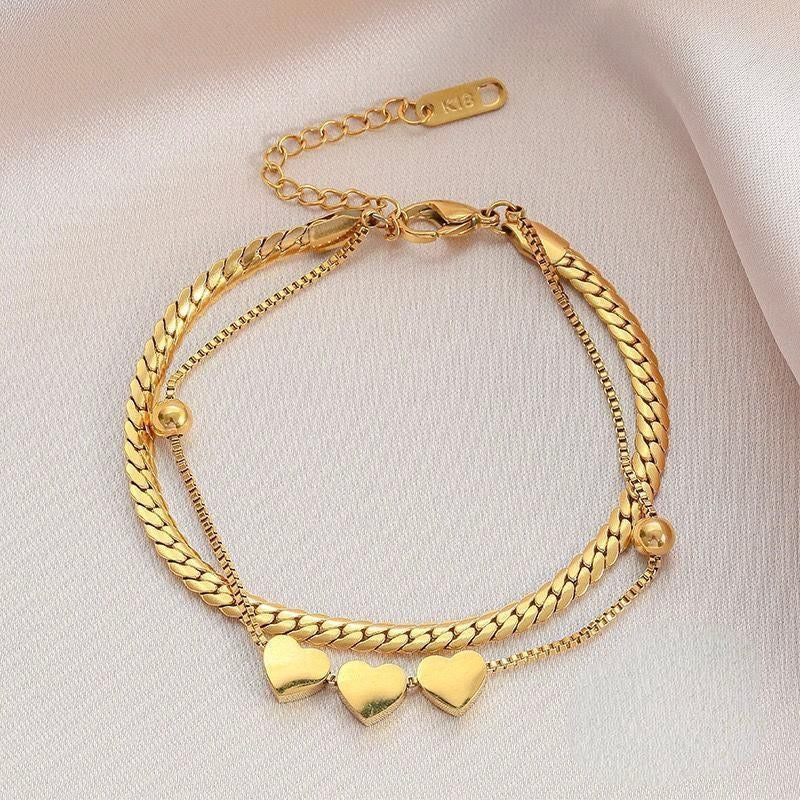 Waterproof 18K Gold Double Layered Heart Bracelet - Tarnish-Free Titanium Steel Triple Heart Jewelry