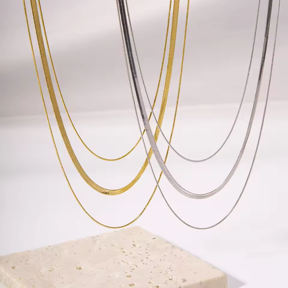 Minimalist 18K Gold Plated Snake Chain Necklace Set - 3 Layered
