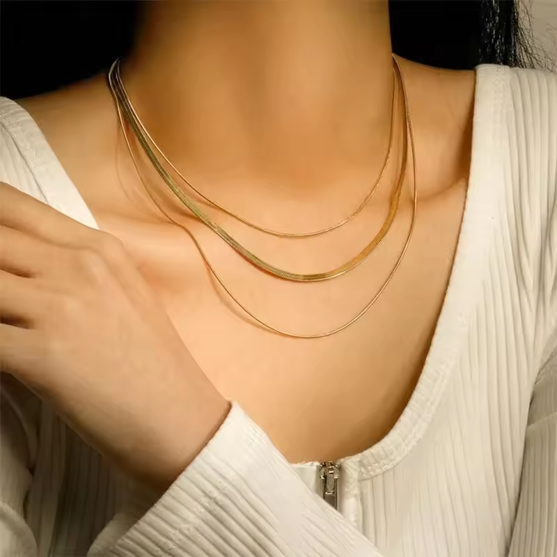 Minimalist 18K Gold Plated Snake Chain Necklace Set - 3 Layered